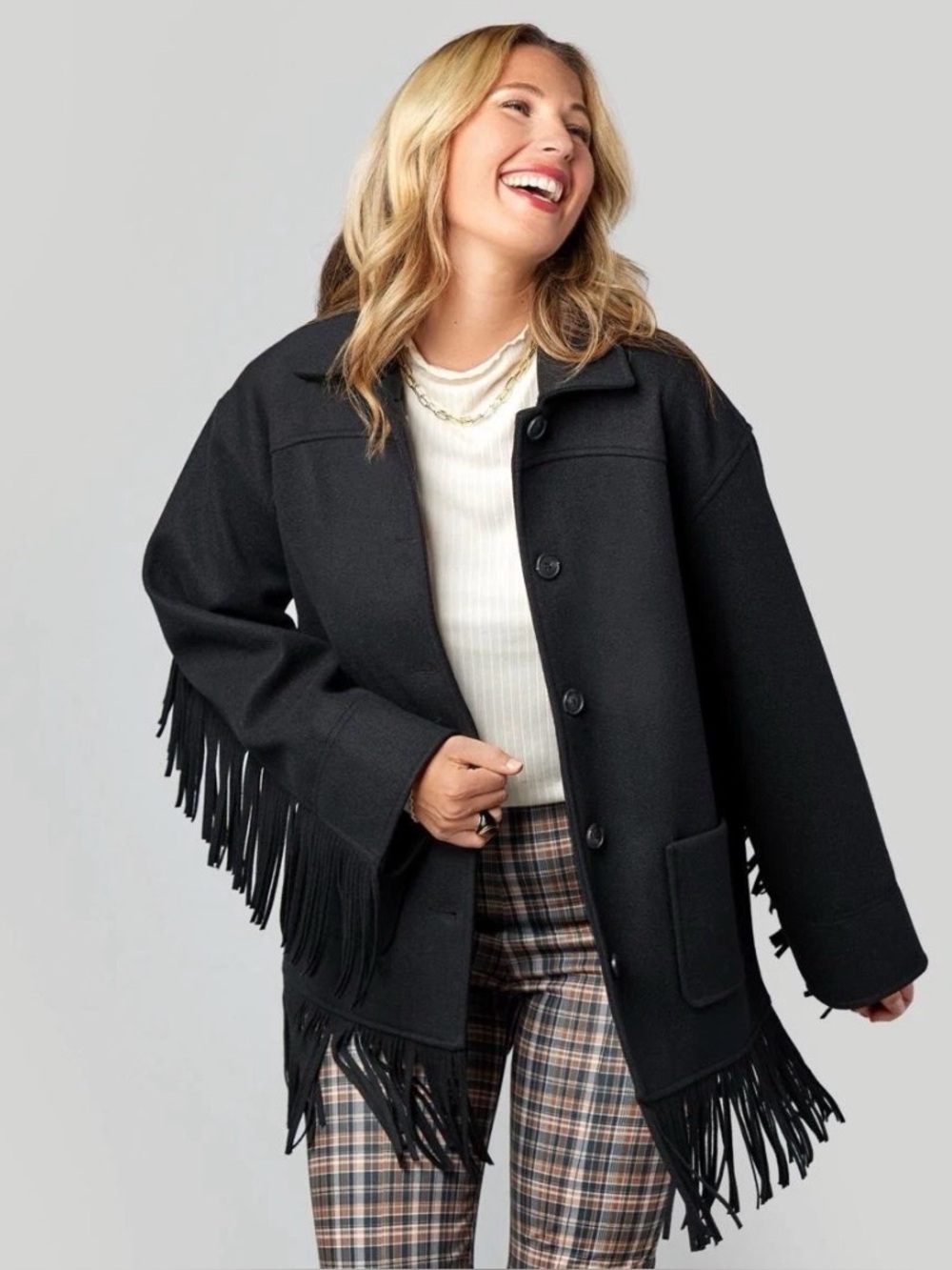 TWRHLL Christie Brinkley Black Fringe Coat jacket women’s medium oversized